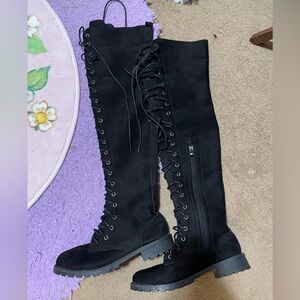 Sexy thigh high faux suede black lace up boots